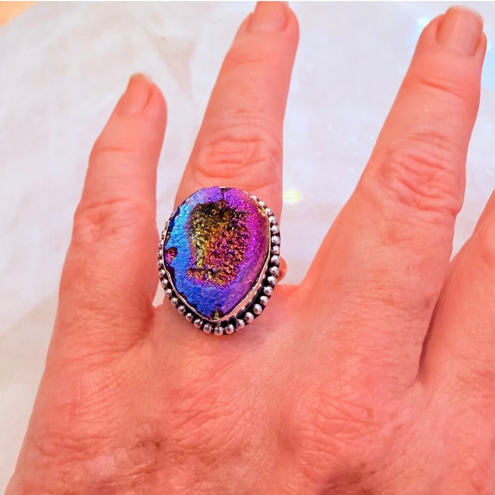 Rainbow Titanium Druzy 925 Silver Plated Ring Size 10